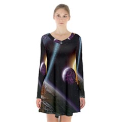 Planets In Space Long Sleeve Velvet V-neck Dress