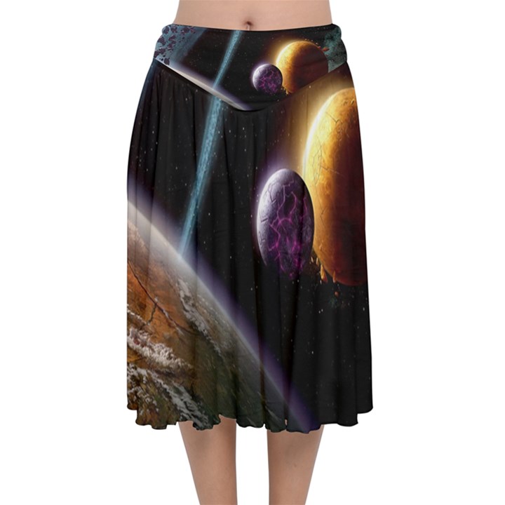 Planets In Space Velvet Flared Midi Skirt