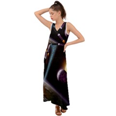 Planets In Space V-neck Chiffon Maxi Dress by Sapixe