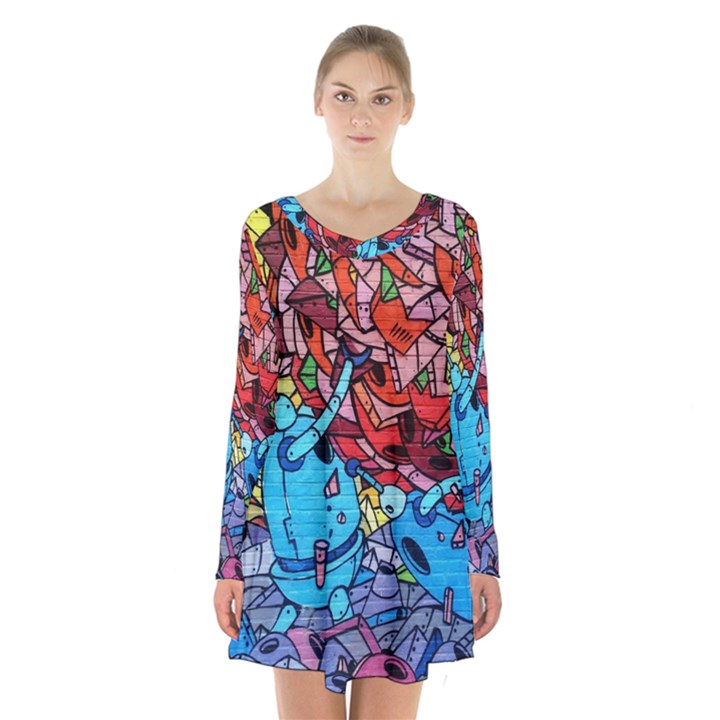 Graffiti-wall-mural-painting-arts Long Sleeve Velvet V-neck Dress