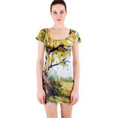 Landscape Painting Meadow Garden Short Sleeve Bodycon Dress by Wegoenart