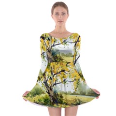 Landscape Painting Meadow Garden Long Sleeve Skater Dress by Wegoenart