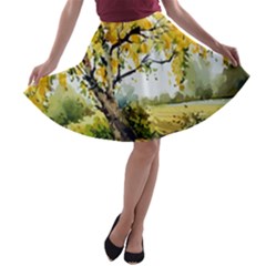 Landscape Painting Meadow Garden A-line Skater Skirt by Wegoenart