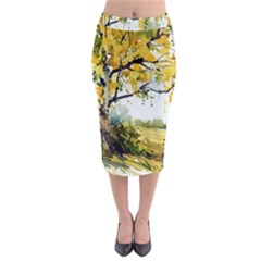 Landscape Painting Meadow Garden Midi Pencil Skirt by Wegoenart