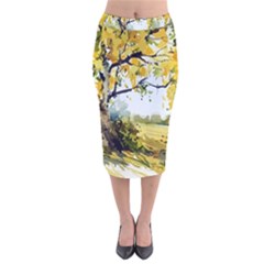 Landscape Painting Meadow Garden Velvet Midi Pencil Skirt by Wegoenart