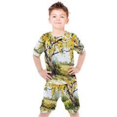 Landscape Painting Meadow Garden Kids  Tee And Shorts Set by Wegoenart