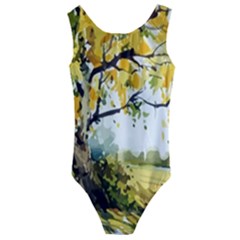 Landscape Painting Meadow Garden Kids  Cut-out Back One Piece Swimsuit by Wegoenart