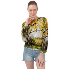 Landscape Painting Meadow Garden Banded Bottom Chiffon Top by Wegoenart