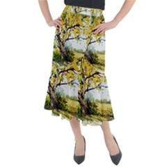 Landscape Painting Meadow Garden Midi Mermaid Skirt by Wegoenart