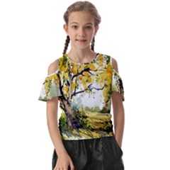 Landscape Painting Meadow Garden Kids  Butterfly Cutout Tee by Wegoenart