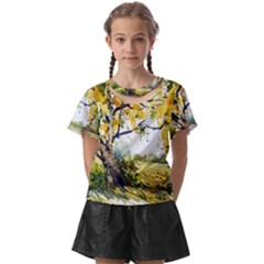 Landscape Painting Meadow Garden Kids  Front Cut Tee by Wegoenart