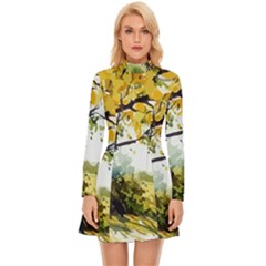 Landscape Painting Meadow Garden Long Sleeve Velour Longline Dress by Wegoenart