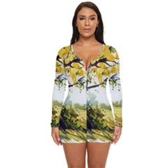 Landscape Painting Meadow Garden Long Sleeve Boyleg Swimsuit by Wegoenart