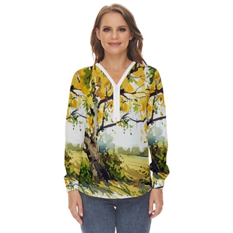 Landscape Painting Meadow Garden Zip Up Long Sleeve Blouse by Wegoenart