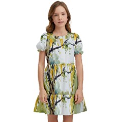 Landscape Painting Meadow Garden Kids  Puff Sleeved Dress