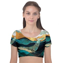 Ocean Whale Painting Sea Undersea Velvet Short Sleeve Crop Top  by Wegoenart