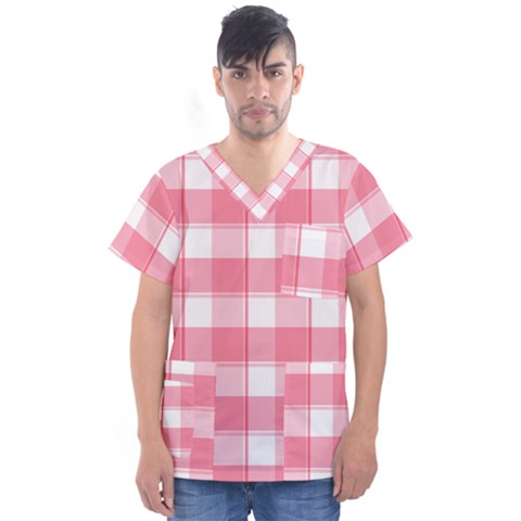 Pink And White Plaids Men s V-neck Scrub Top by ConteMonfrey