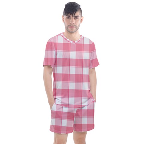 Pink And White Plaids Men s Mesh Tee And Shorts Set by ConteMonfrey