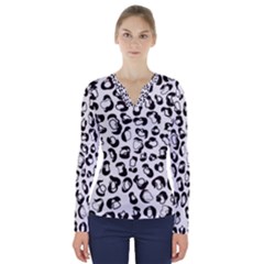 Black And White Leopard Print Jaguar Dots V-neck Long Sleeve Top by ConteMonfrey