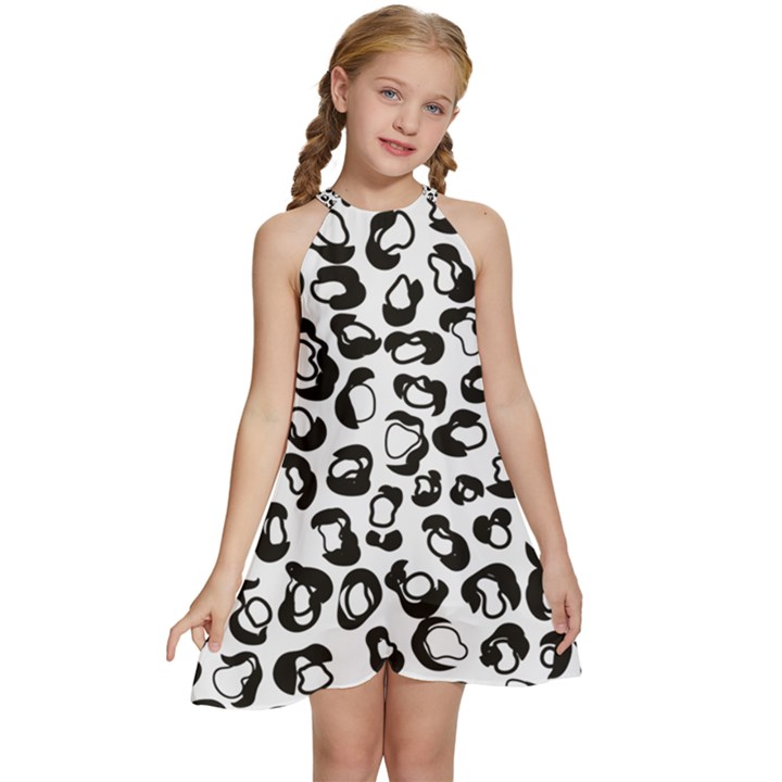 Black And White Leopard Print Jaguar Dots Kids  Halter Collar Waist Tie Chiffon Dress