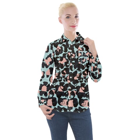 Blue And Pink Jaguar Dots Leopard Black And White Leopard Print Jaguar Dots Women s Long Sleeve Pocket Shirt by ConteMonfrey