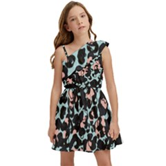 Blue And Pink Jaguar Dots Leopard Black And White Leopard Print Jaguar Dots Kids  One Shoulder Party Dress