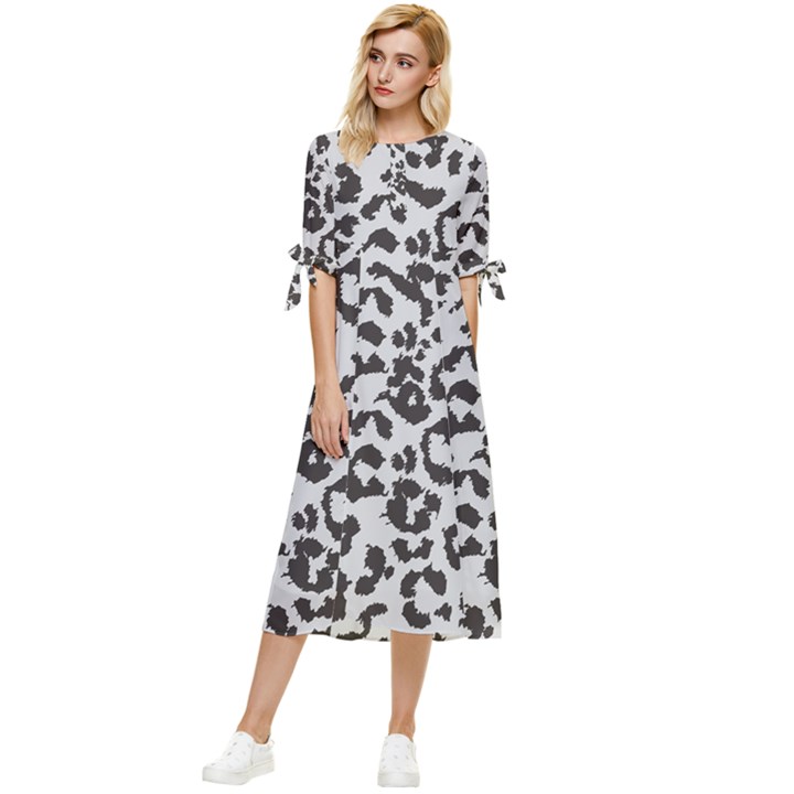 Grey And Black Jaguar Dots Bow Sleeve Chiffon Midi Dress