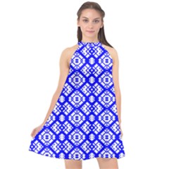 Portuguese Tiles Vibes Plaids Halter Neckline Chiffon Dress  by ConteMonfrey