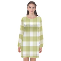 Green Tea - White And Green Plaids Long Sleeve Chiffon Shift Dress  by ConteMonfrey