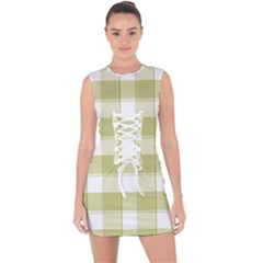 Green Tea - White And Green Plaids Lace Up Front Bodycon Dress by ConteMonfrey