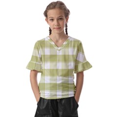 Green Tea - White And Green Plaids Kids  V-neck Horn Sleeve Blouse by ConteMonfrey