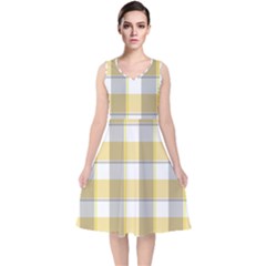 Grey Yellow Plaids V-neck Midi Sleeveless Dress  by ConteMonfrey