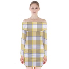 Grey Yellow Plaids Long Sleeve Off Shoulder Dress by ConteMonfrey