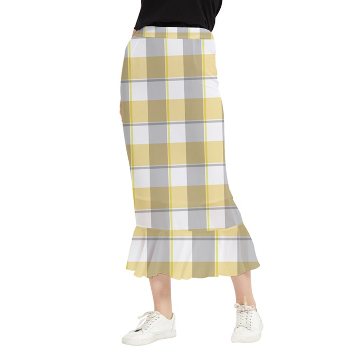 Grey yellow plaids Maxi Fishtail Chiffon Skirt