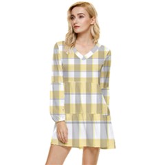 Grey Yellow Plaids Tiered Long Sleeve Mini Dress by ConteMonfrey