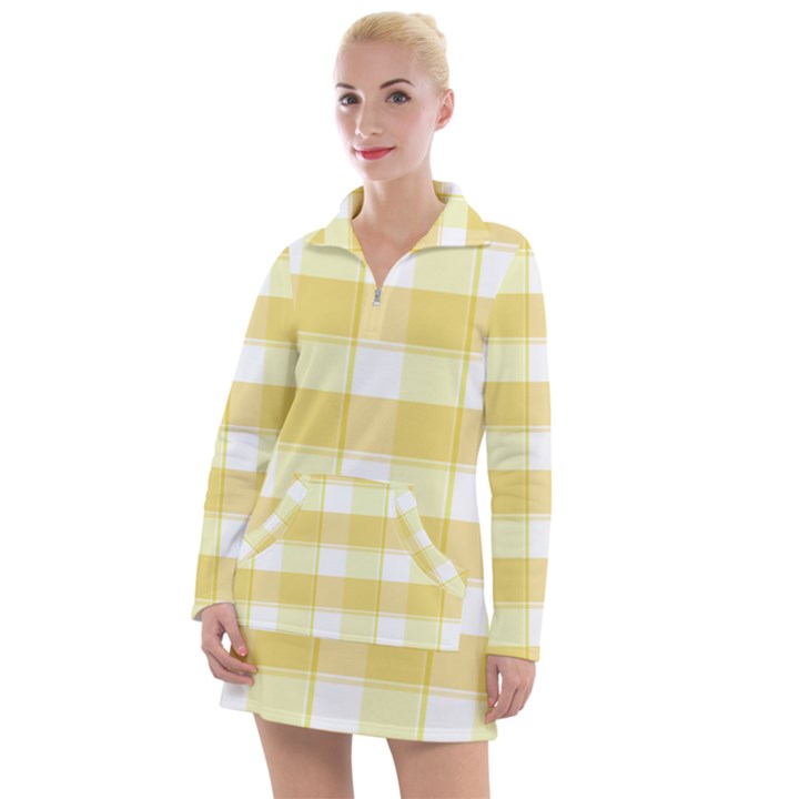 White and yellow plaids Women s Long Sleeve Casual Dress