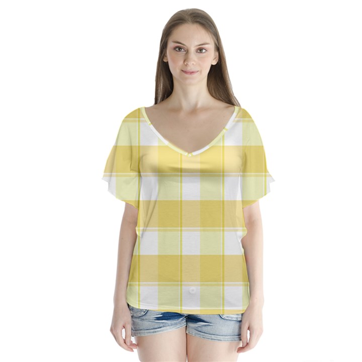 White and yellow plaids V-Neck Flutter Sleeve Top