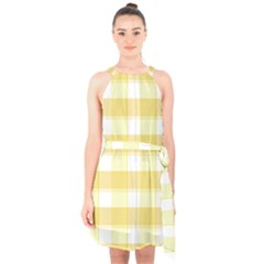 White And Yellow Plaids Halter Collar Waist Tie Chiffon Dress by ConteMonfrey