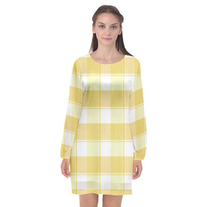 White and yellow plaids Long Sleeve Chiffon Shift Dress 