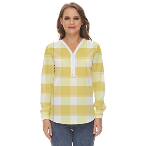 White And Yellow Plaids Zip Up Long Sleeve Blouse by ConteMonfrey