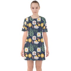 Flower Grey Pattern Floral Sixties Short Sleeve Mini Dress