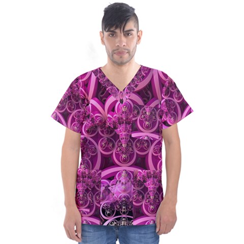 Fractal-math-geometry-visualization Pink Men s V-neck Scrub Top by Pakrebo