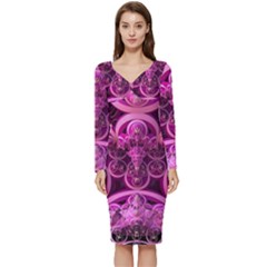 Fractal-math-geometry-visualization Pink Long Sleeve V-neck Bodycon Dress 