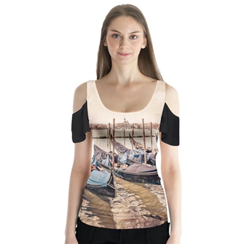 Black Several Boats - Colorful Italy  Butterfly Sleeve Cutout Tee  by ConteMonfrey