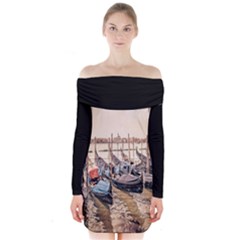 Black Several Boats - Colorful Italy  Long Sleeve Off Shoulder Dress by ConteMonfrey