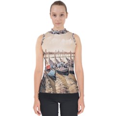 Black Several Boats - Colorful Italy  Mock Neck Shell Top by ConteMonfrey