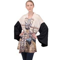 Black Several Boats - Colorful Italy  Long Sleeve Velvet Kimono  by ConteMonfrey