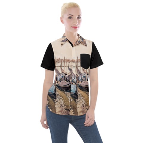 Black Several Boats - Colorful Italy  Women s Short Sleeve Pocket Shirt by ConteMonfrey