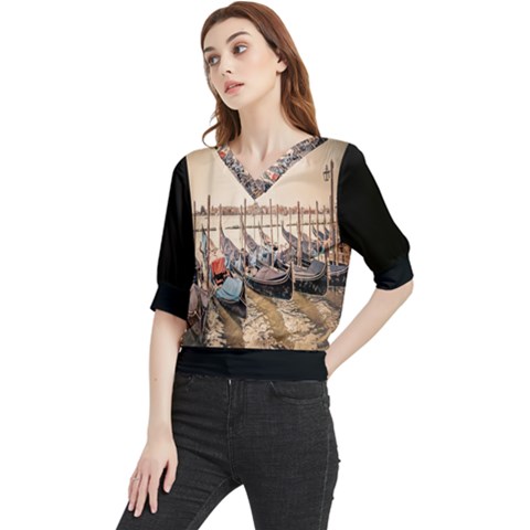 Black Several Boats - Colorful Italy  Quarter Sleeve Blouse by ConteMonfrey