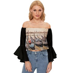 Black Several Boats - Colorful Italy  Off Shoulder Flutter Bell Sleeve Top by ConteMonfrey